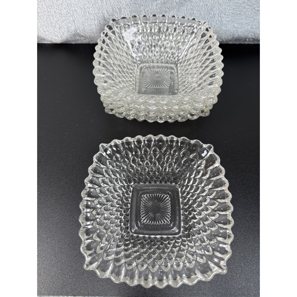 Vintage Indiana Glass Square Bowls Diamond Point Scalloped Set 5 MCM Nuts, Candy